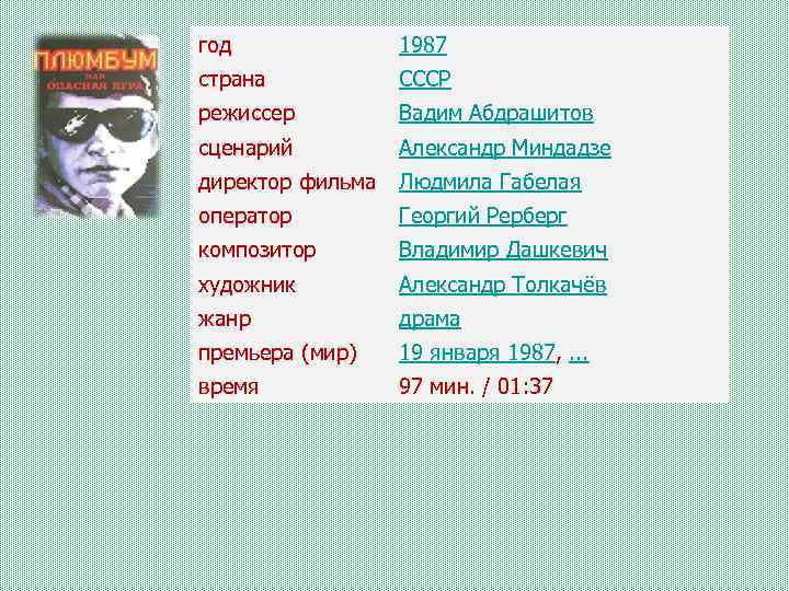 год 1987 страна СССР режиссер Вадим Абдрашитов сценарий Александр Миндадзе директор фильма Людмила Габелая