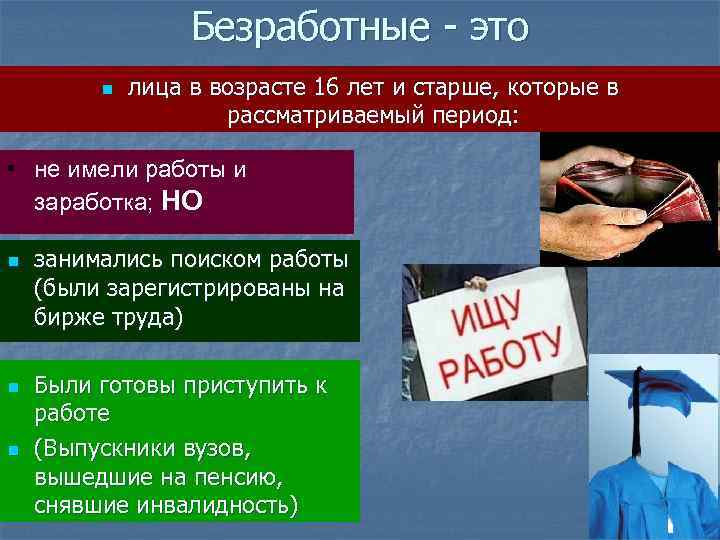 Безработные - это n лица в возрасте 16 лет и старше, которые в рассматриваемый