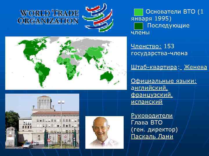  Основатели ВТО (1 января 1995) Последующие члены Членство: 153 государства-члена Штаб-квартира: Женева Официальные