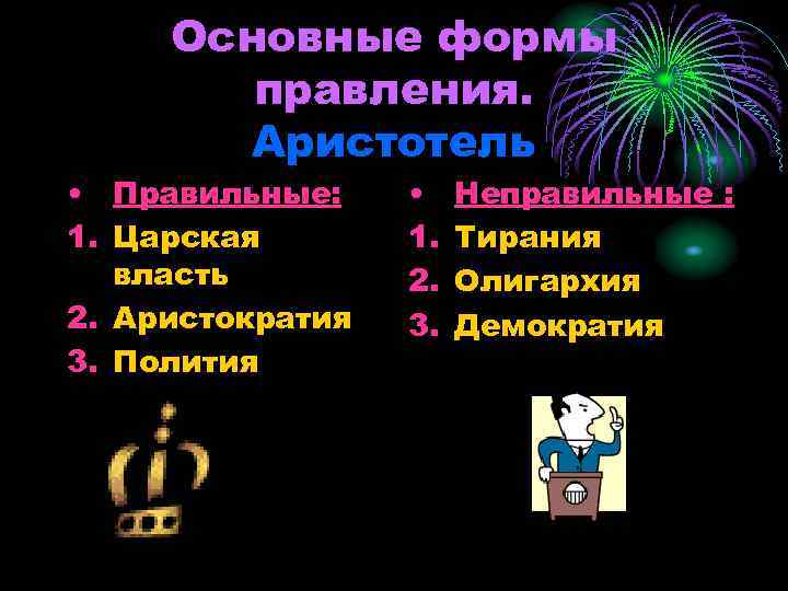 Основные формы правления. Аристотель • Правильные: 1. Царская власть 2. Аристократия 3. Полития •