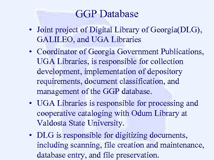 GGP Database • Joint project of Digital Library of Georgia(DLG), GALILEO, and UGA Libraries