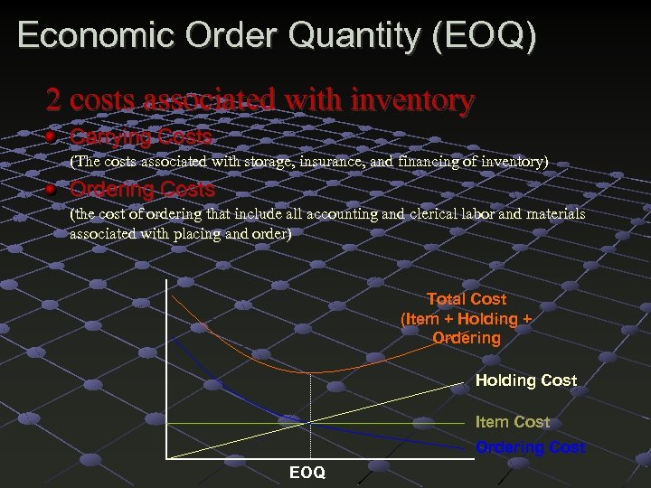 Economic Order Quantity (EOQ) 2 costs associated with inventory Carrying Costs (The costs associated