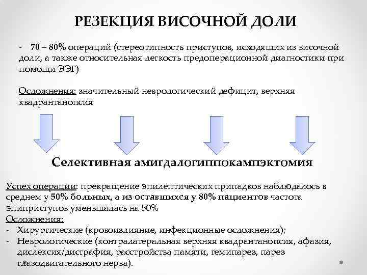 РЕЗЕКЦИЯ ВИСОЧНОЙ ДОЛИ - 70 – 80% операций (стереотипность приступов, исходящих из височной доли,