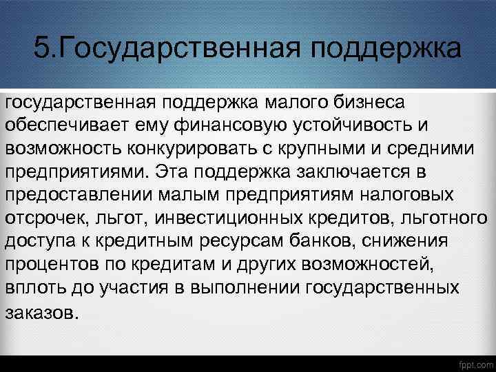 5. Государственная поддержка государственная поддержка малого бизнеса обеспечивает ему финансовую устойчивость и возможность конкурировать