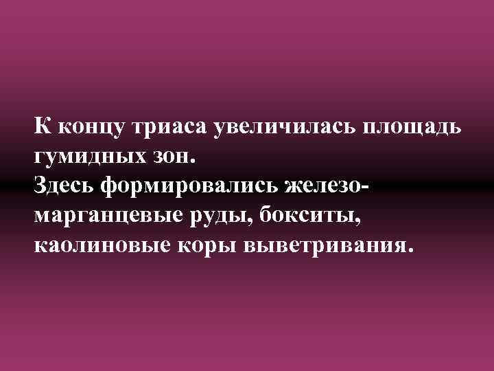 К концу триаса увеличилась площадь гумидных зон. Здесь формировались железомарганцевые руды, бокситы, каолиновые коры