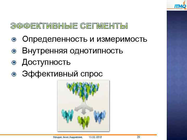  Определенность и измеримость Внутренняя однотипность Доступность Эффективный спрос Вендик Анна Андреевна 13. 02.