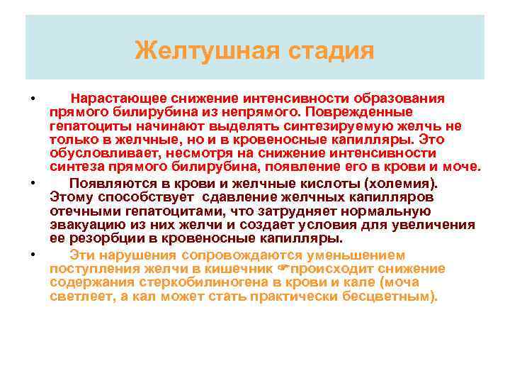 Желтушная стадия • Нарастающее снижение интенсивности образования прямого билирубина из непрямого. Поврежденные гепатоциты начинают