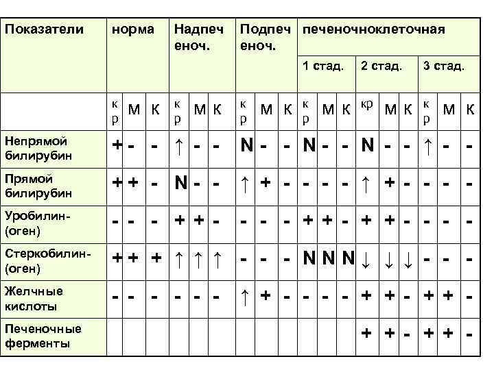 Показатели норма Надпеч еноч. Подпеч печеночноклеточная еноч. 1 стад. к р м к 2