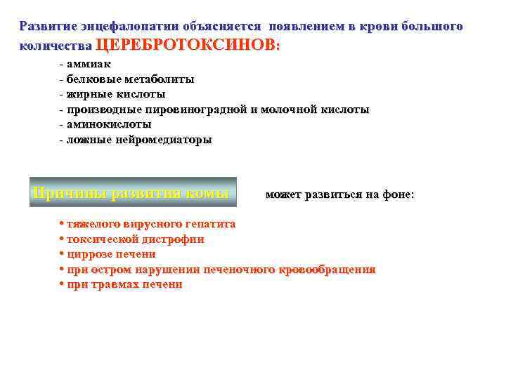 Развитие энцефалопатии объясняется появлением в крови большого количества ЦЕРЕБРОТОКСИНОВ: - аммиак - белковые метаболиты