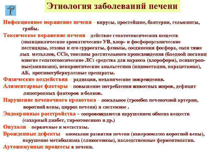 Этиология заболеваний печени Инфекционное поражение печени – вирусы, простейшие, бактерии, гельминты, грибы. Токсическое поражение