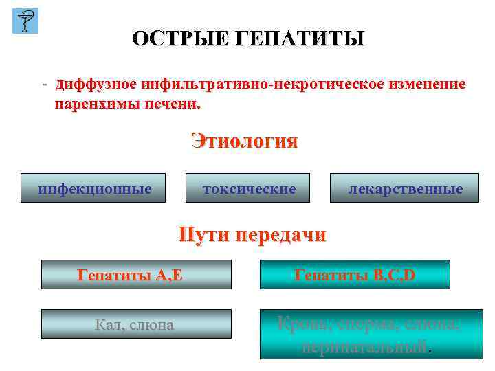 ОСТРЫЕ ГЕПАТИТЫ - диффузное инфильтративно-некротическое изменение паренхимы печени. Этиология инфекционные токсические лекарственные Пути передачи