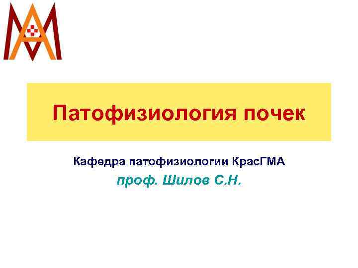 Патофизиология почек Кафедра патофизиологии Крас. ГМА проф. Шилов С. Н. 