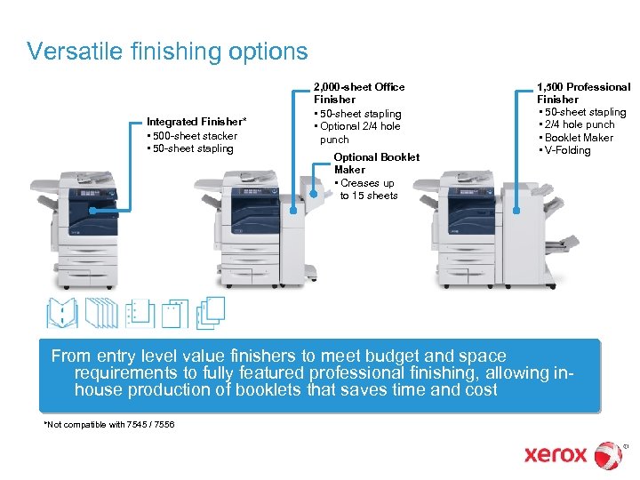 Versatile finishing options Integrated Finisher* • 500 -sheet stacker • 50 -sheet stapling 2,