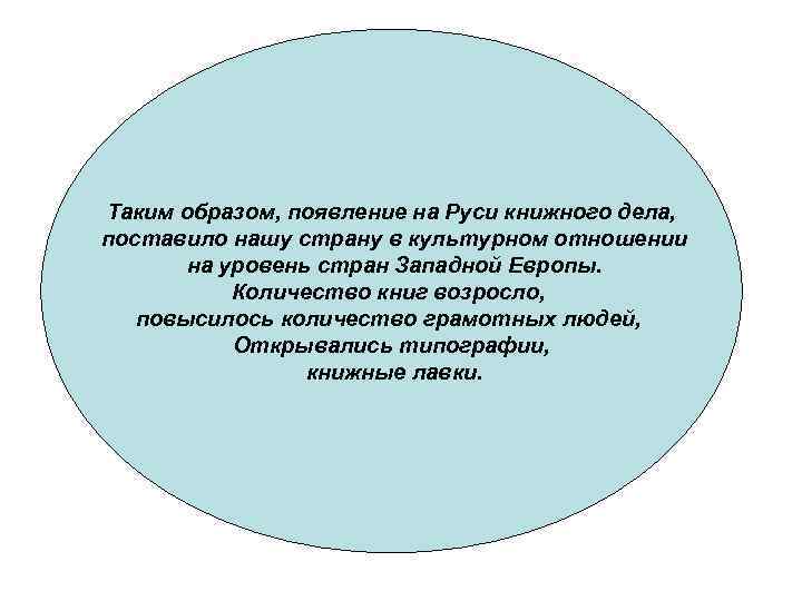 Таким образом, появление на Руси книжного дела, поставило нашу страну в культурном отношении на