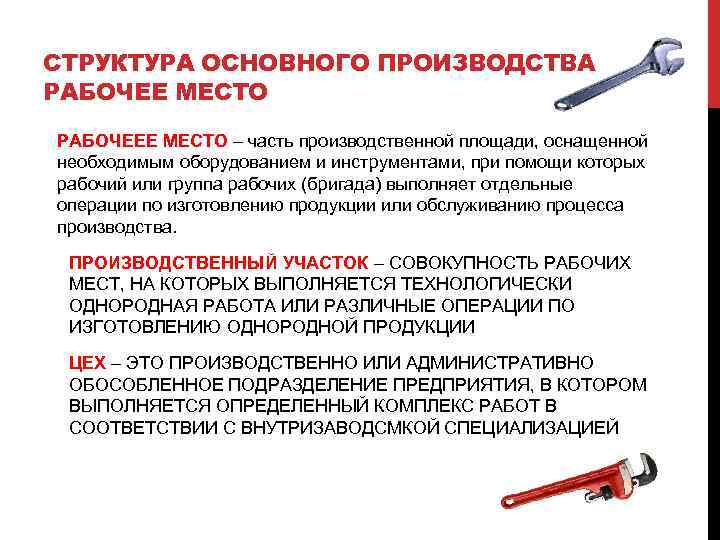 СТРУКТУРА ОСНОВНОГО ПРОИЗВОДСТВА РАБОЧЕЕ МЕСТО РАБОЧЕЕЕ МЕСТО – часть производственной площади, оснащенной необходимым оборудованием