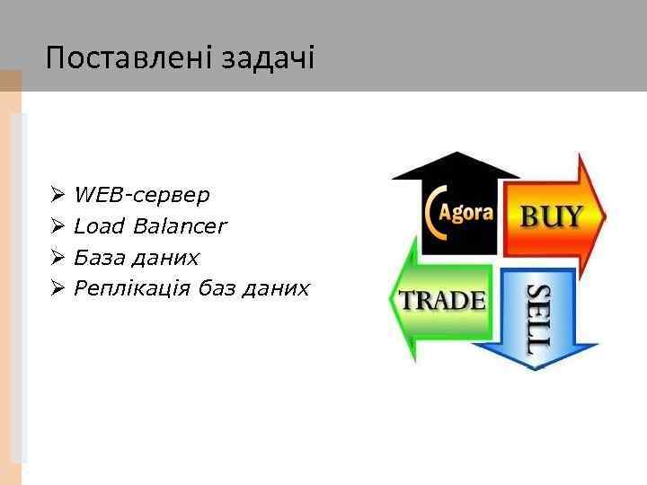 Поставлені задачі Ø Ø WEB-сервер Load Balancer База даних Реплікація баз даних 