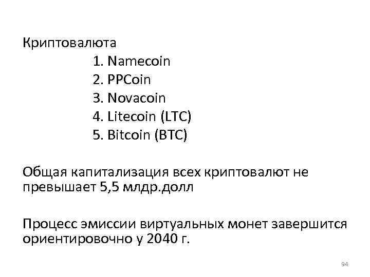 Криптовалюта 1. Namecoin 2. PPCoin 3. Novacoin 4. Litecoin (LTC) 5. Bitcoin (BTC) Общая