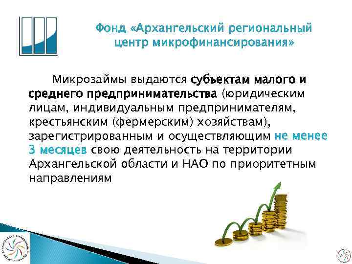 Фонд «Архангельский региональный центр микрофинансирования» Микрозаймы выдаются субъектам малого и среднего предпринимательства (юридическим лицам,