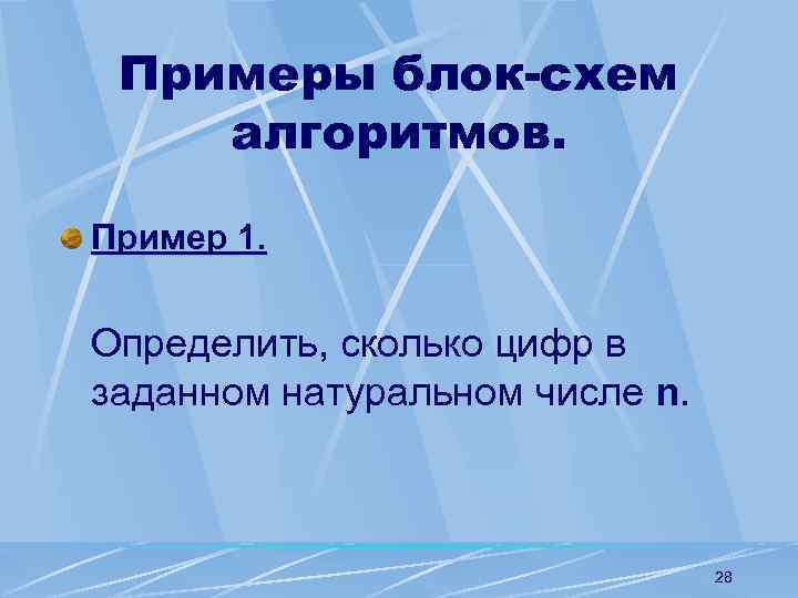 Примеры блок-схем алгоритмов. Пример 1. Определить, сколько цифр в заданном натуральном числе n. 28