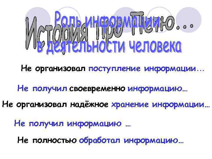 Не организовал поступление информации… Не получил своевременно информацию… Не организовал надёжное хранение информации… Не