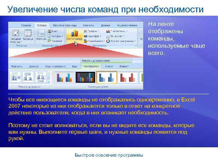 Увеличение числа команд при необходимости На ленте отображены команды, используемые чаще всего. Чтобы все