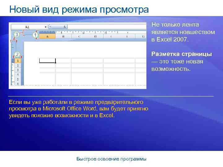 Новый вид режима просмотра Не только лента является новшеством в Excel 2007. Разметка страницы