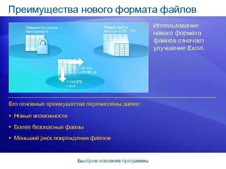 Преимущества нового формата файлов Использование нового формата файлов означает улучшение Excel. Его основные преимущества