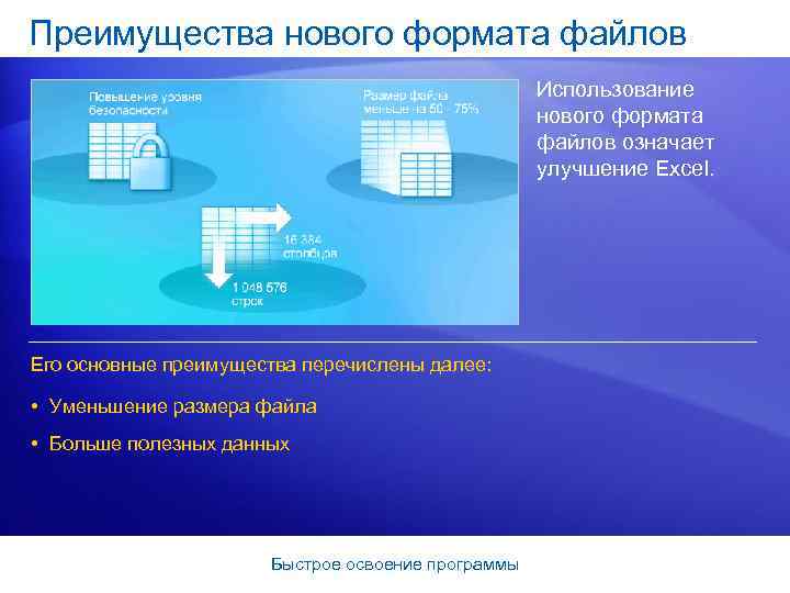 Преимущества нового формата файлов Использование нового формата файлов означает улучшение Excel. Его основные преимущества