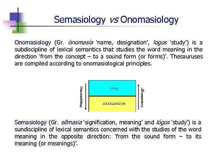 Semasiology vs Onomasiology (Gr. ònomasía ‘name, designation’, logos ‘study’) is a subdiscipline of lexical