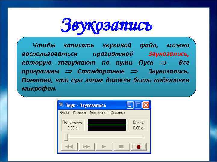 Звукозапись Чтобы записать звуковой файл, можно воспользоваться программой Звукозапись, которую загружают по пути Пуск