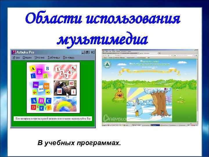Области использования мультимедиа В учебных программах. 