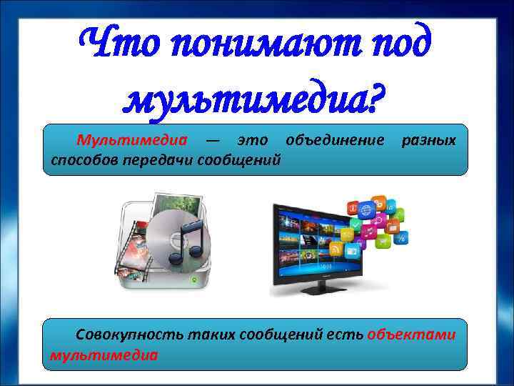 Что понимают под мультимедиа? Мультимедиа — это объединение способов передачи сообщений разных Совокупность таких