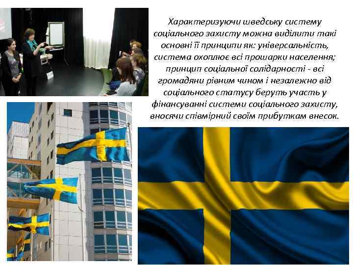 Характеризуючи шведську систему соціального захисту можна виділити такі основні її принципи як: універсальність, система