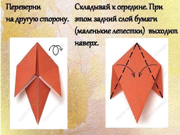 Переверни Складывай к середине. При на другую сторону. этом задний слой бумаги (маленькие лепестки)