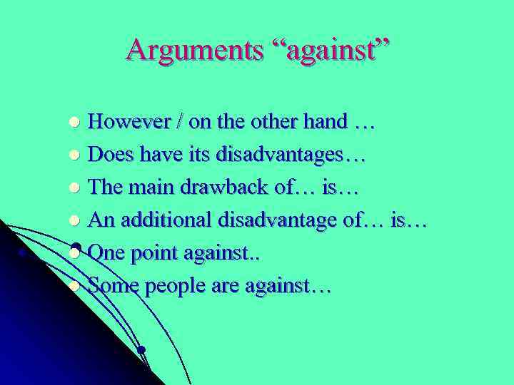 Arguments “against” However / on the other hand … l Does have its disadvantages…