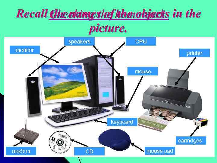 Recall Checking the homework. in the names of the objects picture. speakers CPU monitor