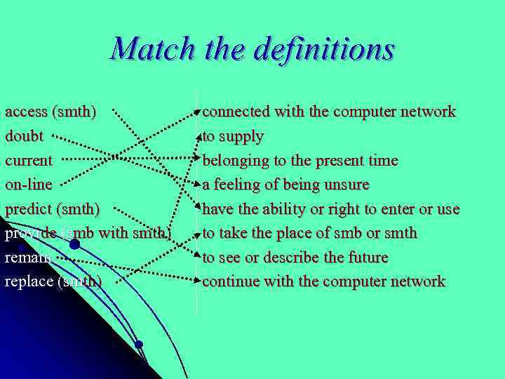 Match the definitions access (smth) doubt current on-line predict (smth) provide (smb with smth)