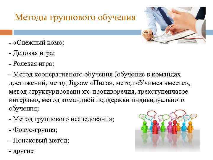 Методы группового обучения - «Снежный ком» ; - Деловая игра; - Ролевая игра; -