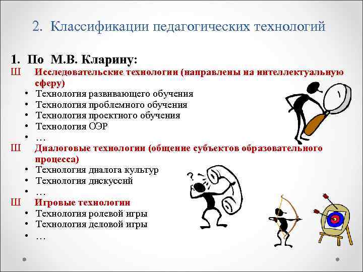 2. Классификации педагогических технологий 1. По М. В. Кларину: Ш Ш Ш • •