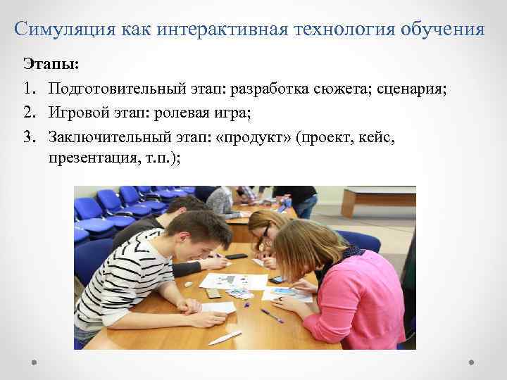 Симуляция как интерактивная технология обучения Этапы: 1. Подготовительный этап: разработка сюжета; сценария; 2. Игровой