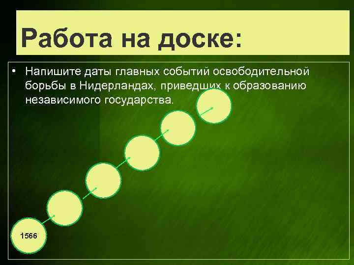 Работа на доске: • Напишите даты главных событий освободительной борьбы в Нидерландах, приведших к