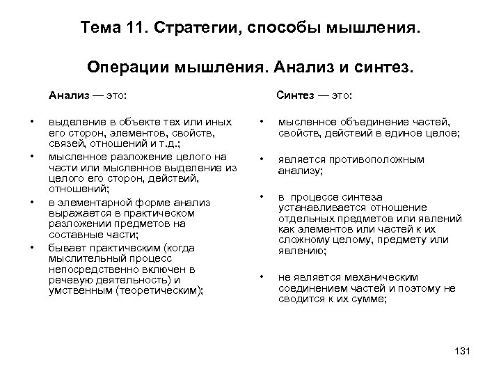 Тема 11. Стратегии, способы мышления. Операции мышления. Анализ и синтез. Анализ — это: •
