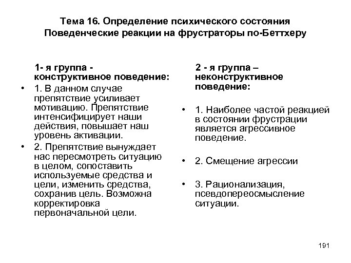 Тема 16. Определение психического состояния Поведенческие реакции на фрустраторы по-Беттхеру 1 - я группа