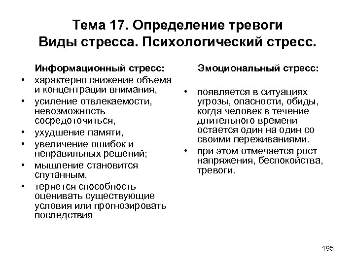 Тема 17. Определение тревоги Виды стресса. Психологический стресс. • • • Информационный стресс: характерно