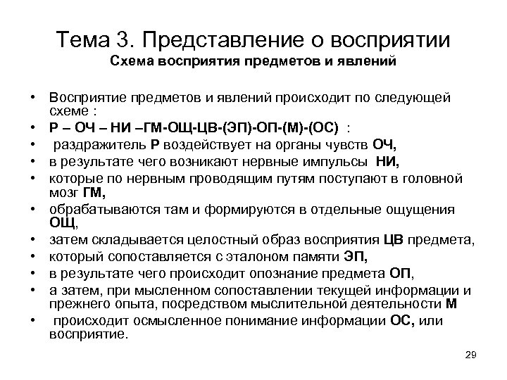 Тема 3. Представление о восприятии Схема восприятия предметов и явлений • Восприятие предметов и