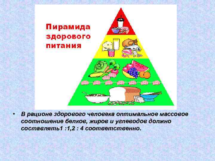  • В рационе здорового человека оптимальное массовое соотношение белков, жиров и углеводов должно