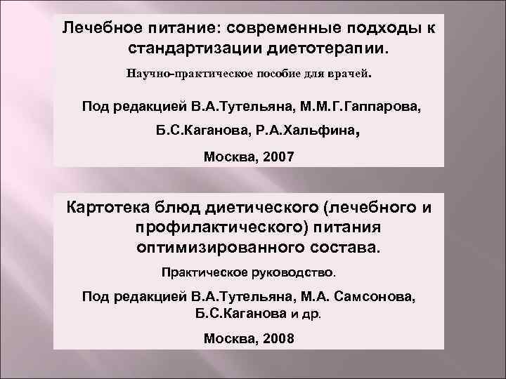 Лечебное питание: современные подходы к стандартизации диетотерапии. Научно-практическое пособие для врачей. Под редакцией В.