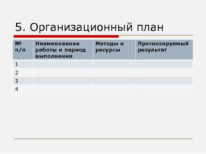 5. Организационный план № п/п 1 2 3 4 Наименование работы и период выполнения