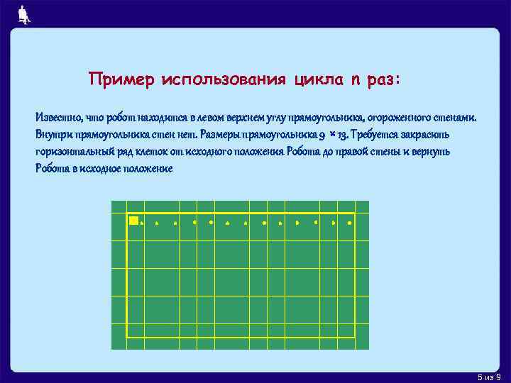 Пример использования цикла n раз: Известно, что робот находится в левом верхнем углу прямоугольника,