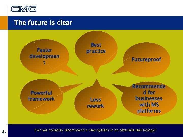 The future is clear Faster developmen t Powerful framework 23 Best practice Futureproof Less